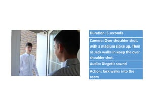 Duration: 5 seconds
Camera: Over shoulder shot,
with a medium close up. Then
as Jack walks in keep the over
shoulder shot.
Audio: Diegetic sound
Action: Jack walks into the
room
 