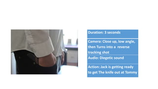 Duration: 3 seconds
Camera: Close up, low angle,
then Turns into a reverse
tracking shot
Audio: Diegetic sound
Action: Jack is getting ready
to get The knife out at Tommy
 
