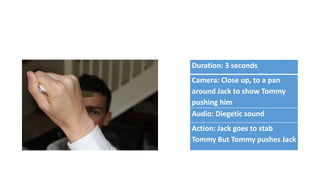 Duration: 3 seconds
Camera: Close up, to a pan
around Jack to show Tommy
pushing him
Audio: Diegetic sound
Action: Jack goes to stab
Tommy But Tommy pushes Jack
 
