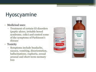 Hyoscyamine
• Medicinal uses:
▫ Treatment of certain GI disorders
(peptic ulcers, irritable bowel
syndrome, colic) and control some
of the symptoms of Parkinson’s
disease
• Toxicity
▫ Symptoms include headache,
nausea, vomiting, disorientation,
hallucinations, euphoria, sexual
arousal and short-term memory
loss
 