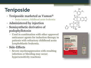 Teniposide
• Teniposide marketed as Vumon®
 brain tumors, childhood acute leukemia
• Administered by injection
• Semisynthetic derivative of
podophyllotoxin
▫ Used in combination with other approved
anticancer agents for induction therapy in
patients with refractory childhood acute
lymphoblastic leukemia.
• Side-Effects
▫ Severe myelosuppression with resulting
infection or bleeding may occur;
hypersensitivity reactions
 