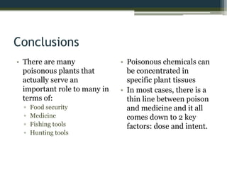 Conclusions
• There are many
poisonous plants that
actually serve an
important role to many in
terms of:
▫ Food security
▫ Medicine
▫ Fishing tools
▫ Hunting tools
• Poisonous chemicals can
be concentrated in
specific plant tissues
• In most cases, there is a
thin line between poison
and medicine and it all
comes down to 2 key
factors: dose and intent.
 