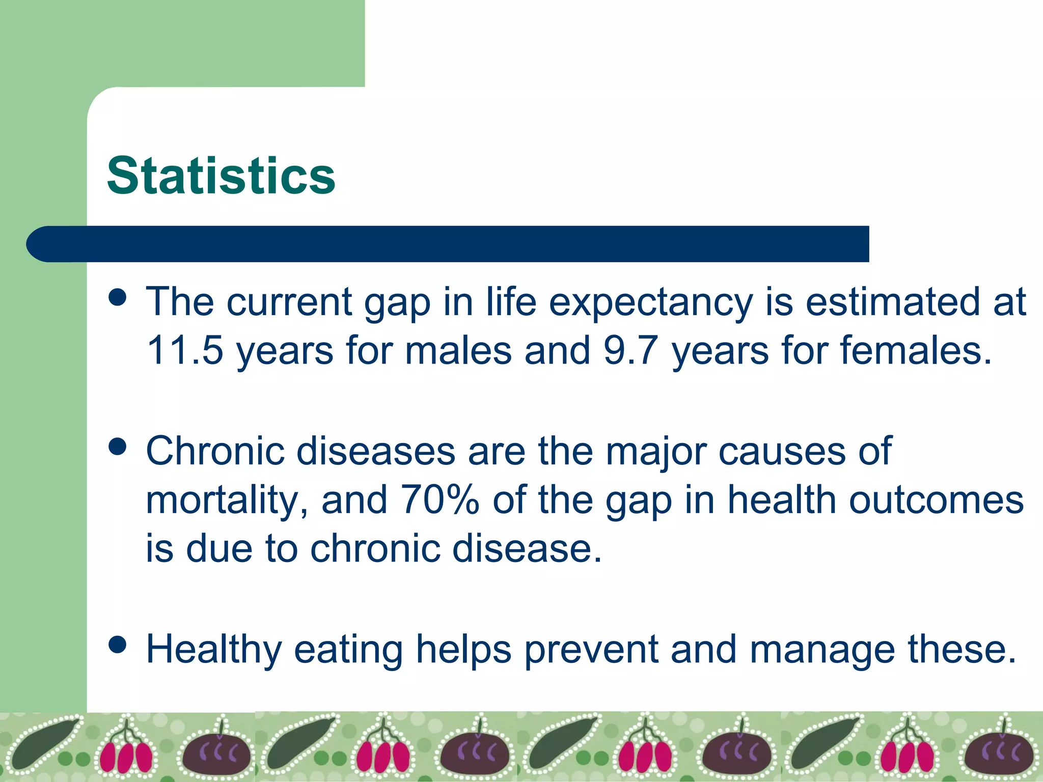 Statistics
 The current gap in life expectancy is estimated at
11.5 years for males and 9.7 years for females.
 Chronic diseases are the major causes of
mortality, and 70% of the gap in health outcomes
is due to chronic disease.
 Healthy eating helps prevent and manage these.
 