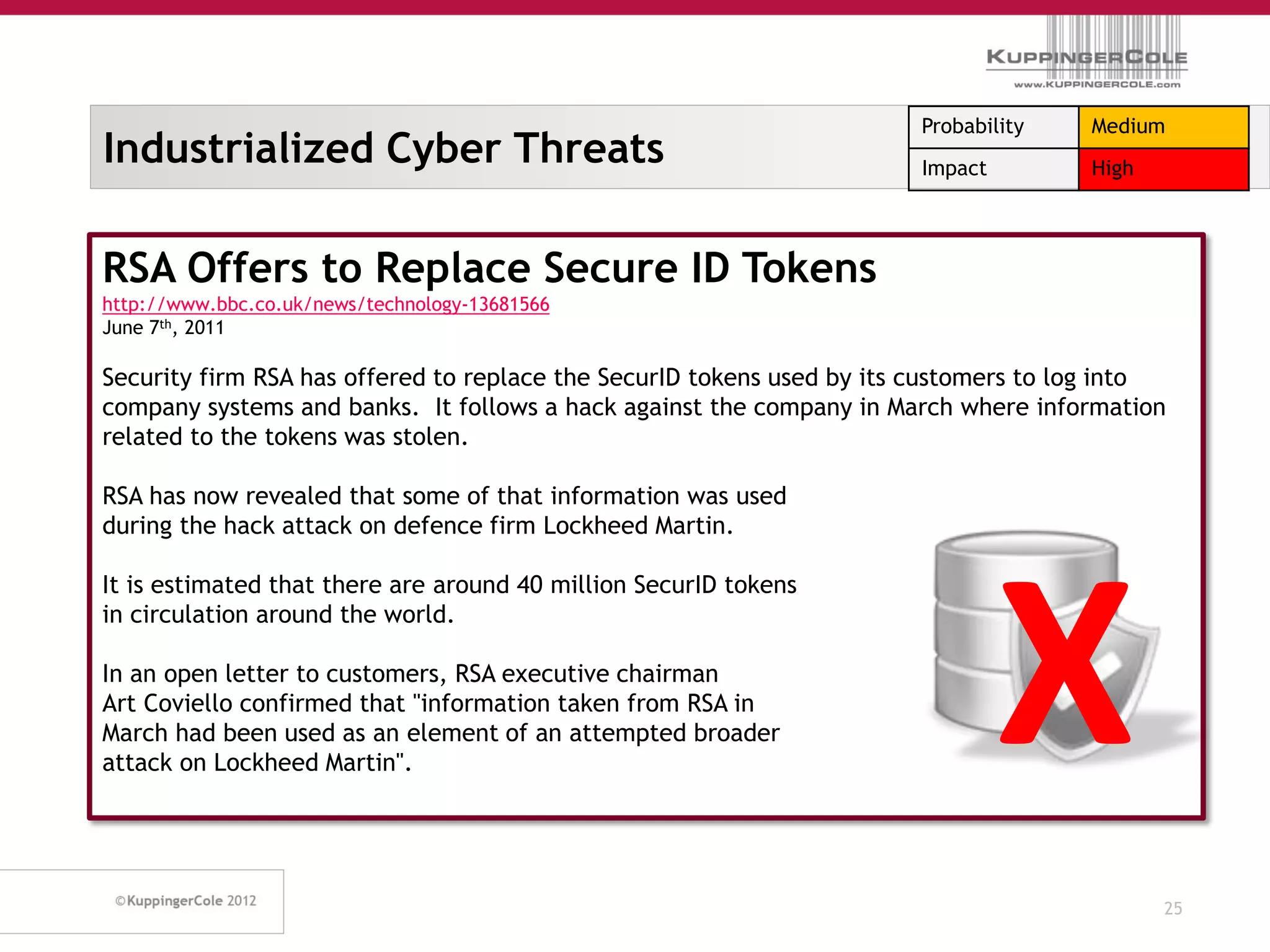 Probability    Medium
Industrialized Cyber Threats                                           Impact         High




RSA Offers to Replace Secure ID Tokens
http://www.bbc.co.uk/news/technology-13681566
June 7th, 2011

Security firm RSA has offered to replace the SecurID tokens used by its customers to log into
company systems and banks. It follows a hack against the company in March where information
related to the tokens was stolen.

RSA has now revealed that some of that information was used
during the hack attack on defence firm Lockheed Martin.




                                                                                X
It is estimated that there are around 40 million SecurID tokens
in circulation around the world.

In an open letter to customers, RSA executive chairman
Art Coviello confirmed that "information taken from RSA in
March had been used as an element of an attempted broader
attack on Lockheed Martin".




                                                                                             25
 