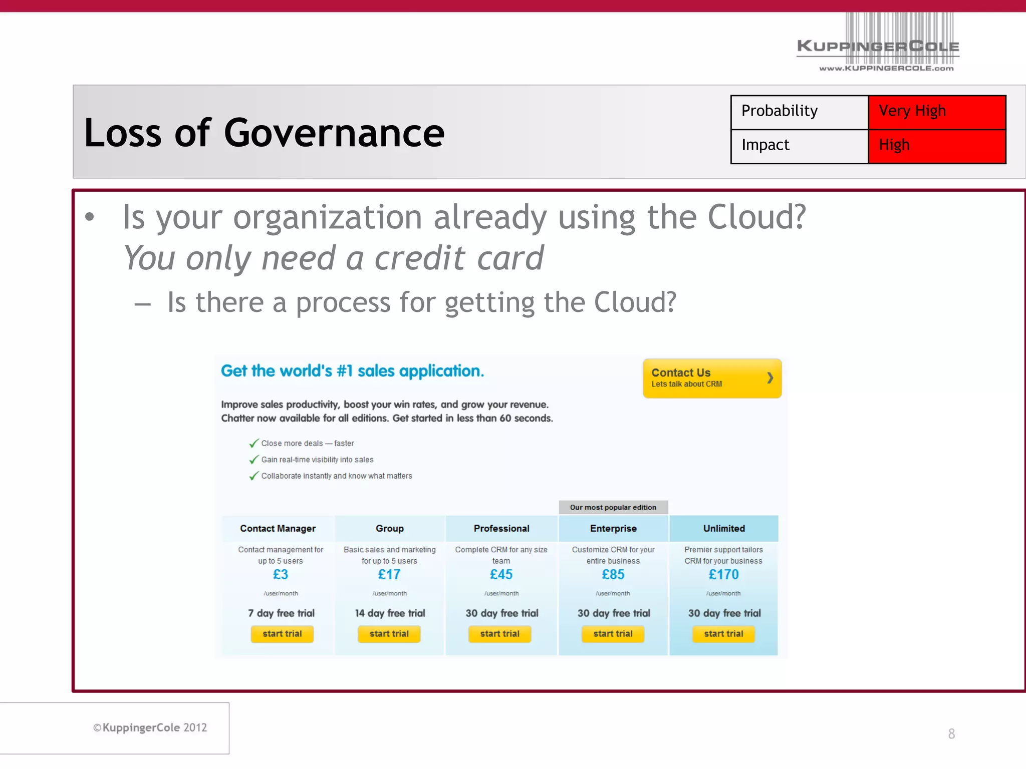 Probability   Very High
Loss of Governance                               Impact        High



• Is your organization already using the Cloud?
  You only need a credit card
   – Is there a process for getting the Cloud?




                                                                           8
 