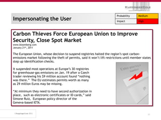 Probability     Medium
Impersonating the User                                                     Impact          High




Carbon Thieves Force European Union to Improve
Security, Close Spot Market
www.bloomberg.com
January 21st, 2011

The European Union, whose decision to suspend registries halted the region’s spot carbon-
emissions market following the theft of permits, said it won’t lift restrictions until member states
step up identification checks.

It suspended most operations at Europe’s 30 registries
for greenhouse-gas emissions on Jan. 19 after a Czech
trader reviewing his $9 million account found “nothing
was there.” The EU estimates permits worth as many
as 29 million Euros may be missing.

“At minimum they need to have second authorization in
place, such as electronic certificates or ID cards,” said
Simone Ruiz, European policy director of the
Geneva-based IETA.


                                                                                                  30
 