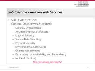 IaaS Example - Amazon Web Services

• SOC 1 Attestation:
  Control Objectives Attested:
   –   Security Organization
   –   Amazon Employee Lifecycle
   –   Logical Security
   –   Secure Data Handling
   –   Physical Security
   –   Environmental Safeguards
   –   Change Management
   –   Data Integrity, Availability and Redundancy
   –   Incident Handling
                      http://aws.amazon.com/security/


                                                        45
 