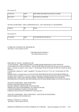 De A2 para A3
TÉCNICO JUDICIÁRIO - ÁREA ADMINISTRATIVA - ESP. SEGURANÇA E TRANSPORTE
De A2 para A3
CUMPRA-SE. PUBLIQUE-SE. REGISTRE-SE.
São Paulo, 27 de novembro de 2012.
CIRO BRANDANI FONSECA
Juiz Federal Diretor do Foro
PORTARIA Nº 150/2012 - SUDM/NUAV/DF
O JUIZ FEDERAL - DIRETOR DO FORO E CORREGEDOR PERMANENTE DOS SERVIÇOS
AUXILIARES DA JUSTIÇA FEDERAL - SEÇÃO JUDICIÁRIA DE SÃO PAULO,no uso de suas atribuições
legais e, com base no artigo 4º, item I, alínea “r” da Resolução 444 de 09 de junho de 2005 do Conselho da Justiça
Federal, e,
Considerando o disposto no “caput” e parágrafo 1º do artigo 20, da Lei n.º 8112, de 11 de Dezembro de 1990,
resolve:
HOMOLOGAR o resultado final da AVALIAÇÃO DE DESEMPENHO EM ESTÁGIO PROBATÓRIO dos
servidores abaixo nominados, nos cargos a seguir relacionados, do Quadro Permanente de Pessoal da JUSTIÇA
FEDERAL DE 1º GRAU, aprovados pelo SIADES - SISTEMA INTEGRADO DE AVALIAÇÃO DE
DESEMPENHO FUNCIONAL DOS SERVIDORES EM ESTÁGIO PROBATÓRIO NA JUSTIÇA FEDERAL:
ANALISTA JUDICIÁRIO - ÁREA JUDICIÁRIA
DANIELA ROLEDO MASOTTI RF 6461
RACHEL FERRAZ CARPENTIERI CUESTA RF 6462
SIMONE DE CARVALHO BARBOZA ALVARENGA RF 6486
CAROLINE ROMERA STABILE EVOLARF 6488
FABIANA LIGIA DE SOUZA POSSETTE VIANA RF 6510
ANALISTA JUDICIÁRIO - ÁREA JUDICIÁRIA - EXECUÇÃO DE MANDADOS
JOÃO CESÁRIO LEITE NETORF 6526
Publique-se. Registre-se. Cumpra-se.
São Paulo, 27 de novembro de 2012.
23.04.2012 6550 EDUARDO MAURÍCIO DE SOUZA JUNIOR
06.07.2012 6576 ANA PAULA CONTAR
Vigência RF Nome
21.10.2012 6626 VALTER RUIVO DA SILVA
DIÁRIO ELETRÔNICO DA JUSTIÇA FEDERAL DA 3ª REGIÃO Data de Divulgação: 29/11/2012 12/55
 