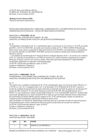 Ao NUAF para as providências cabíveis.
CUMPRA-SE. PUBLIQUE-SE. REGISTRE-SE.
São Paulo, 21 de novembro de 2012.
Rodrigo Corral Cabarcos Filho
Diretor da Secretaria Administrativa
DESPACHOS PROFERIDOS PELA DIRETORIA ADMINISTRATIVA, EM PROCESSOS DO NÚCLEO DE
ADMINISTRAÇÃO FUNCIONAL - SEÇÃO DE PROCESSOS FUNCIONAIS:
PROCESSO nº. 07935/2000 - NUAF
INTERESSADO: JOÃO BATISTA GOMES - RF 2498
ASSUNTO: AVERBAÇÃO DE FUNÇÃO E DE QUINTOS INCORPORADOS
fls. 26
“Considerando a informação de fls. 25, a manifestação supra e os termos do art. 62-A da Lei n. 8112/90, acrescido
pela MP n. 2225-45 de 04.09.2001, de acordo com a decisão contida no PA. nº 2004.16.4940-CJF/Brasília que
dentre outras coisas causou a suspensão do lapso prescricional em 01.08.2002, os procedimentos e os pagamentos
de concessão efetuados em DEZ/2004 e JAN/2005 com base nos relatórios emitidos pelo sistema de Recursos
Humanos, autorizo:
- a convalidação da transformação da 5ª fração de décimos emfração dequintos de FC 3, de acordo com o relatório
de fls. 24, a qual deverá transformar-se em VPNI nos termos da lei, sendo autorizado o pagamento de eventuais
diferenças existentes, inclusive por exercícios findos, observada a prescrição qüinqüenal e a disponibilidade
orçamentária, deduzindo-se as parcelas eventualmente pagas.
Ao NUAF e NUPA para providências e após, ao NUCI.
Cumpra-se. Publique-se. Registre-se.
São Paulo, 23 de novembro de 2012.
PROCESSO nº. 09004/2000 - NUAF
INTERESSADO: ALEXANDRE LIMA GODINHO DE CASTRO - RF 2502
ASSUNTO: AVERBAÇÃO DE FUNÇÃO E INCORPORAÇÃO DE QUINTOS
fls. 57
“De acordo com a averbação e informação de fls. 53/56, emanifestação supra, nos termos do artigo 100 da Lei n.º
8.112/90, c/c o art. 10, 11, parágrafo único e art. 12 da Resolução 141-CJF/Brasília de 28.02.2011, autorizo a
revisão da averbação de incorporação de quintos alterando acomposição da fração de quintos do servidor,para 5/5
quintos de GRG 4 (atual FC 4), com efeito financeiro a partir de 26.06.1996, data da publicação do Ato n.º
402/96- CA, que transformou a função Auxiliar GRG 8 (atual FC 1) em AssistenteGRG 4(atual FC 4),observando
a prescrição qüinqüenal,com o marco inicialde 09.01.07 (data em que esta Seção Judiciária tomou conhecimento
da reestruturação da função GRG8),conforme relatório às fls. 53/54, transformando a fração ora alterada em
vantagem pessoal nominalmente identificada (VPNI),nos termos da lei.
Após encaminhe-se ao Núcleo de Administração Funcional, para que se proceda à revisão nos autos do processo
de aposentadoria para constar à alteração da fração de quintos nos proventos do servidor em referência.
Ao NUAF e NUPA para providências e após, ao NUCI.
Cumpra-se. Publique-se. Registre-se.
São Paulo, 23 de novembro de 2012.
PROCESSO nº. 09434/2012 - NUAF
ASSUNTO: QUINTOS / DÉCIMOS
QTE RF. NOME
1 1363 SERGIO LUIZ SPINDOLA
DIÁRIO ELETRÔNICO DA JUSTIÇA FEDERAL DA 3ª REGIÃO Data de Divulgação: 29/11/2012 17/55
 