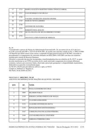 fls. 29
“Considerando o parecer do Núcleo de Administração Funcional àsfls. 28, nos termos do art. 62-A da Lei n.
8112/90, acrescido pela MP n. 2225-45 de 04.09.2001, de acordo com a decisão contida no PA. n. 2004.16.4940-
CJF/Brasília que dentre outras coisas causou a suspensão do lapso prescricional em 01.08.2002, convalido os
procedimentos e os pagamentos de concessão efetuados em DEZ/2004 e JAN/2005 com base nos relatórios
emitidos pelo sistema de Recursos Humanos.
Oficializo a concessão das parcelas incorporadas e transformadasdescritas nos relatórios de fls. 02/27, as quais
deverão transformar-se em VPNI nos termos da lei, sendo autorizado o pagamento de eventuais diferenças
existentes, inclusive por exercícios findos, observada a prescrição quinquenal e a disponibilidade orçamentária,
deduzindo-se as parcelas eventualmente pagas.
Ao NUAF e NUPA para providências cabíveis e após, ao NUCI.
Cumpra-se. Publique-se. Registre-se.
São Paulo, 26 de outubro de 2012.
PROCESSO nº. 10921/2012 - NUAF
ASSUNTO: INCORPORAÇÃO DE FRAÇÕES DE QUINTOS / DÉCIMOS
17 2713 MARIA AUGUSTA MARTINS VIEIRA TINOCO CABRAL
18 2717 LUIZ HENRIQUE COCURULLI
19 2720
VALERIA APARECIDA SEDANO ONOFRI
20 2729 MARCIO NEVES LIBORIO
21 2736
ANTONIO DE OLIVEIRA
22 2753
ROBERTO REIS ARAUJO
23 2755 SILVIA HELENA DE SOUSA RIBEIRO FAVERO
24 2772
ANA PAULA DOS PASSOS DE MORAES
QTE RF. NOME
1 3012 PAULA LOUREIRO DA CRUZ
2 3089 RICARDO NAKAI
3 3134 SERGIO CASTRO PIMENTA DE SOUZA
4 3137 CLAUDIO LONGANESI
5 3153 CLAUDIO ANTONIO DA SILVA
6 3154 RONALDO DOS SANTOS BASSOLI
7 3167 CAROLINA PAVANI ALEIXO PEREIRA
8 3168 LUCI GLORIA OLIVA VINTURINI
9 3169 ADRIANA FERREIRA LIMA
DIÁRIO ELETRÔNICO DA JUSTIÇA FEDERAL DA 3ª REGIÃO Data de Divulgação: 29/11/2012 21/55
 