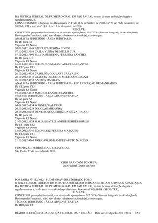DA JUSTIÇA FEDERAL DE PRIMEIRO GRAU EM SÃO PAULO, no uso de suas atribuições legais e
regulamentares, e,
CONSIDERANDO o disposto nas Resoluções nº 43 de 19 de dezembro de 2008 e nº 79 de 19 de novembro de
2009 do CJF e na Lei nº 11.416 de 15 de dezembro de 2006,
RESOLVE:
CONCEDER progressão funcional, em virtude de aprovação no SIADES - Sistema Integrado de Avaliação de
Desempenho Funcional, ao(s) servidor(es) abaixo relacionado(s), como segue:
ANALISTA JUDICIÁRIO - ÁREA JUDICIÁRIA
De B7 para B8
Vigência RF Nome
30.09.2012 5648 ANGÉLICA REGINA CONDI
07.10.2012 5686 CARLA VIEIRA DE MELLO CURI
07.10.2012 5691 FLÁVIA REQUENA FERREIRA SANCHEZ
De B9 para B10
Vigência RF Nome
10.09.2012 4938 FERNANDA MARIA FAULIN DOS SANTOS
De C12 para C13
Vigência RF Nome
26.10.2012 4339 CAROLINA GOULART CARVALHO
26.10.2012 4343 GLÁUCIA OLLER DE MELLO ANGELOZZI
26.10.2012 4352 ANDRÉA DA SILVA
ANALISTA JUDICIÁRIO - ÁREA JUDICIÁRIA - ESP. EXECUÇÃO DE MANDADOS
De C12 para C13
Vigência RF Nome
19.10.2012 4335 MARCIO LEANDRO SANCHEZ
TÉCNICO JUDICIÁRIO - ÁREA ADMINISTRATIVA
De A4 para A5
Vigência RF Nome
04.08.2012 6134 WAGNER WALTRICK
20.10.2012 6238 DOUGLAS MIRANDA
20.10.2012 6243 DEIVE ROSE QUEIROZ DA SILVA TINDOU
De B7 para B8
Vigência RF Nome
21.09.2012 5624 MARIA BEATRIZ ANDRÉ REHDER GOMES
De C11 para C12
Vigência RF Nome
13.06.2012 5040 EDSON LUIZ PEREIRA MARQUES
De C12 para C13
Vigência RF Nome
31.10.2012 4361 JOSÉ CARLOS HAMUE FAUSTO NARCISO
CUMPRA-SE. PUBLIQUE-SE. REGISTRE-SE.
São Paulo, 27 de novembro de 2012.
CIRO BRANDANI FONSECA
Juiz Federal Diretor do Foro
PORTARIA Nº 152/2012 - SUDM/NUAV/DIRETORIA DO FORO
O JUIZ FEDERAL DIRETOR DO FORO E CORREGEDOR PERMANENTE DOS SERVIÇOS AUXILIARES
DA JUSTIÇA FEDERAL DE PRIMEIRO GRAU EM SÃO PAULO, no uso de suas atribuições legais e
regulamentares e, tendo em vista a decisão proferida no Processo nº 01654-09 - SEGE/TRF3,
RESOLVE:
CONCEDER promoção funcional, em virtude de aprovação no SIADES - Sistema Integrado de Avaliação de
Desempenho Funcional, ao(s) servidor(es) abaixo relacionado(s), como segue:
TÉCNICO JUDICIÁRIO - ÁREA ADMINISTRATIVA
De B10 para C11
DIÁRIO ELETRÔNICO DA JUSTIÇA FEDERAL DA 3ª REGIÃO Data de Divulgação: 29/11/2012 9/55
 