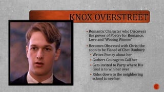 Romantic Character who Discovers 
the power of Poetry for Romance, 
Love and ‘Wooing Women’ 
 Becomes Obsessed with Chris; the 
soon to be Fiancé of Chet Danbury 
 Writes Poetry about her 
 Gathers Courage to Call her 
 Gets invited to Party where His 
Goal is to win her over 
 Rides down to the neighboring 
school to see her 
 