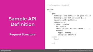@dragonmantank
[Information Header]
paths:
"/":
get:
summary: Get details of your calls
description: Get details [...]
operationId: getCalls
parameters:
- name: status
in: query
description: Filter calls [...]
schema:
type: string
example: started
post:
[...]
[...]
Request Structure
http://spec.openapis.org/oas/v3.0.3#operation-object
 