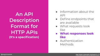 @dragonmantank
(It's a speciﬁcation)
● Information about the
API
● Deﬁne endpoints that
are available
● What requests look
like
● What responses look
like
● Authentication
Methods
http://spec.openapis.org/oas/v3.0.323
 