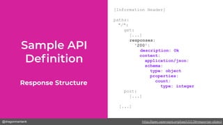 @dragonmantank
[Information Header]
paths:
"/":
get:
[...]
responses:
'200':
description: Ok
content:
application/json:
schema:
type: object
properties:
count:
type: integer
post:
[...]
[...]
Response Structure
http://spec.openapis.org/oas/v3.0.3#response-object
 
