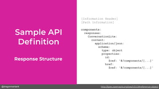 @dragonmantank
[Information Header]
[Path Information]
components:
responses:
ConversationLite:
content:
application/json:
schema:
type: object
properties:
id:
$ref: '#/components/[...]'
href:
$ref: '#/components/[...]'
Response Structure
http://spec.openapis.org/oas/v3.0.3#reference-object
 