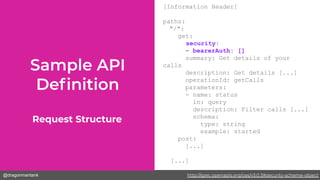@dragonmantank
[Information Header]
paths:
"/":
get:
security:
- bearerAuth: []
summary: Get details of your
calls
description: Get details [...]
operationId: getCalls
parameters:
- name: status
in: query
description: Filter calls [...]
schema:
type: string
example: started
post:
[...]
[...]
Request Structure
http://spec.openapis.org/oas/v3.0.3#security-scheme-object
 