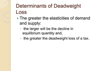 Determinants of Deadweight
Loss
 The greater the elasticities of demand
and supply:
◦ the larger will be the decline in
equilibrium quantity and,
◦ the greater the deadweight loss of a tax.
 