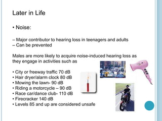 Later in Life
• Noise:
– Major contributor to hearing loss in teenagers and adults
– Can be prevented
Males are more likely to acquire noise-induced hearing loss as
they engage in activities such as
• City or freeway traffic 70 dB
• Hair dryer/alarm clock 80 dB
• Mowing the lawn- 90 dB
• Riding a motorcycle – 90 dB
• Race car/dance club- 110 dB
• Firecracker 140 dB
• Levels 85 and up are considered unsafe
 