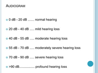 AUDIOGRAM
 0 dB - 20 dB ....... normal hearing
 20 dB - 40 dB ..... mild hearing loss
 40 dB - 55 dB ..... moderate hearing loss
 55 dB - 70 dB ..... moderately severe hearing loss
 70 dB - 90 dB ..... severe hearing loss
 >90 dB................. profound hearing loss
 