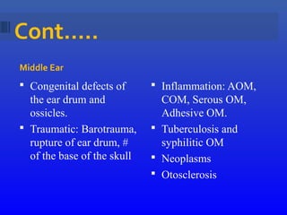 Middle Ear
Cont…..
 Congenital defects of
the ear drum and
ossicles.
 Traumatic: Barotrauma,
rupture of ear drum, #
of the base of the skull
 Inflammation: AOM,
COM, Serous OM,
Adhesive OM.
 Tuberculosis and
syphilitic OM
 Neoplasms
 Otosclerosis
 
