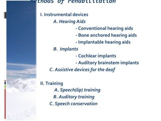 Methods of rehabilitation
I. Instrumental devices
A. Hearing Aids
- Conventional hearing aids
- Bone anchored hearing aids
- Implantable hearing aids
B. Implants
- Cochlear implants
- Auditory brainstem implants
C. Assistive devices for the deaf
II. Training
A. Speech(lip) training
B. Auditory training
C. Speech conservation
 