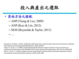 投入與產出之選取 
•其他方法之搭配 
–AHP (Tseng & Lee, 2009) 
–ANP (Kuo & Lin, 2012) 
–SEM (Reynolds & Taylor, 2011) 
–… 
12 
Reynolds, D., & Taylor, J. (2011). Validating a DEA-based menu analysismodel using structural equation modeling. International Journal of HospitalityManagement, 30(3), 584-587 
Tseng, Y.-F., & Lee, T.-Z. (2009). Comparing appropriate decision support of human resource practices on organizational performance with DEA/AHP model. Expert Systems with Applications, 36(3, Part 2), 6548-6558. 
Kuo, R. J., & Lin, Y. J. (2011). Supplier selection using analytic network process and data envelopment analysis. International Journal of Production Research, 50(11), 2852-2863.  