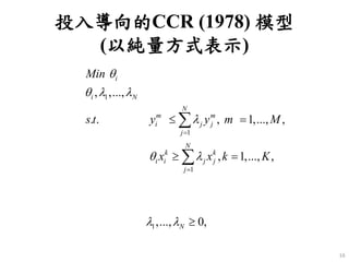 投入導向的CCR (1978) 模型 
(以純量方式表示) 
16 
1 
1 
1 
1 
1 
, ,..., 
. . , 1,..., , 
, 1,..., , 
1, 
,..., 0, 
i 
i N 
N 
m m 
i j j 
j 
N 
k k 
i i j j 
j 
N 
j 
j 
N 
Min 
s t y y m M 
x x k K 
 
   
 
  
 
  
 
 
 
  
  
 
 
 
 
 
 