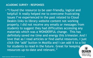 Deakin University CRICOS Provider Code: 00113B
ACADEMIC SURVEY - RESPONSES
• “I found the resource to be user-friendly, lo...