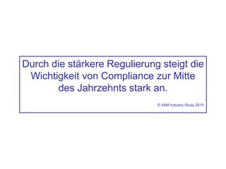 Durch die stärkere Regulierung steigt die
Wichtigkeit von Compliance zur Mitte
des Jahrzehnts stark an.
© AIIM Industry Study 2010
 