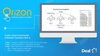 Projeto Cluster Hortonworks
(Instalação, Tunning e Dash´s)
1ª Fase – Carregar os dados de alto volume em um único lugar
2ª Fase – Ajustar performance e estruturas de dados
3ª Fase – Fazer Data Science e Estatísticas ( em execução ):
• IAM – Infarto Agudo do Miocárdio
• Raio-X – Procedimentos e Custos
 