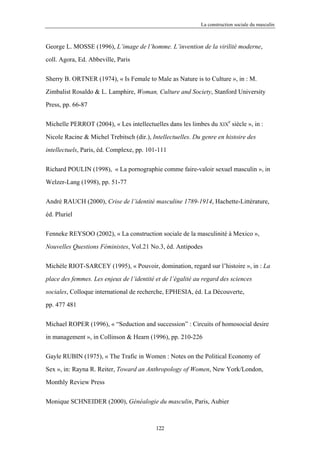 La construction sociale du masculin



George L. MOSSE (1996), L’image de l’homme. L’invention de la virilité moderne,

coll. Agora, Ed. Abbeville, Paris


Sherry B. ORTNER (1974), « Is Female to Male as Nature is to Culture », in : M.

Zimbalist Rosaldo & L. Lamphire, Woman, Culture and Society, Stanford University

Press, pp. 66-87


Michelle PERROT (2004), « Les intellectuelles dans les limbes du XIXe siècle », in :

Nicole Racine & Michel Trebitsch (dir.), Intellectuelles. Du genre en histoire des

intellectuels, Paris, éd. Complexe, pp. 101-111


Richard POULIN (1998), « La pornographie comme faire-valoir sexuel masculin », in

Welzer-Lang (1998), pp. 51-77


André RAUCH (2000), Crise de l’identité masculine 1789-1914, Hachette-Littérature,

éd. Pluriel


Fenneke REYSOO (2002), « La construction sociale de la masculinité à Mexico »,

Nouvelles Questions Féministes, Vol.21 No.3, éd. Antipodes


Michèle RIOT-SARCEY (1995), « Pouvoir, domination, regard sur l’histoire », in : La

place des femmes. Les enjeux de l’identité et de l’égalité au regard des sciences

sociales, Colloque international de recherche, EPHESIA, éd. La Découverte,

pp. 477 481

Michael ROPER (1996), « “Seduction and succession” : Circuits of homosocial desire

in management », in Collinson & Hearn (1996), pp. 210-226


Gayle RUBIN (1975), « The Trafic in Women : Notes on the Political Economy of

Sex », in: Rayna R. Reiter, Toward an Anthropology of Women, New York/London,

Monthly Review Press

Monique SCHNEIDER (2000), Généalogie du masculin, Paris, Aubier



                                           122
 