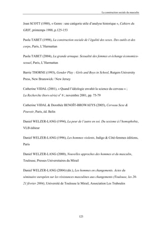 La construction sociale du masculin



Joan SCOTT (1988), « Genre : une catégorie utile d’analyse historique », Cahiers du

GRIF, printemps 1988, p.125-153


Paola TABET (1998), La construction sociale de l’égalité des sexes. Des outils et des

corps, Paris, L’Harmattan


Paola TABET (2004), La grande arnaque. Sexualité des femmes et échange économico-

sexuel, Paris, L’Harmattan


Barrie THORNE (1993), Gender Play : Girls and Boys in School, Rutgers University

Press, New Brunswick / New Jersey


Catherine VIDAL (2001), « Quand l’idéologie envahit la science du cerveau » ;

La Recherche (hors-série) no 6 ; novembre 2001, pp. 75-79


Catherine VIDAL & Dorothée BENOÎT-BROWAEYS (2005), Cerveau Sexe &

Pouvoir, Paris, éd. Belin


Daniel WELZER-LANG (1994), La peur de l’autre en soi. Du sexisme à l’homophobie,

VLB éditeur


Daniel WELZER-LANG (1996), Les hommes violents, Indigo & Côté-femmes éditions,

Paris


Daniel WELZER-LANG (2000), Nouvelles approches des hommes et du masculin,

Toulouse, Presses Universitaires du Mirail

Daniel WELZER-LANG (2004) (dir.), Les hommes en changements. Actes du

séminaire européen sur les résistances masculines aux changements (Toulouse, les 20-

21 février 2004), Université de Toulouse le Mirail, Association Les Traboules




                                             123
 