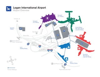 Logan International Airport
             Airport Overview

                                                                                                                  Terminal E
                                                                                                                  Lot 1 Parking

                To Route 1A

                                                     Terminal E
                                                     Lot 2 Parking




    Economy                                                                                                                                            Central Pakring
    Parking                                                                                                                                            Valet, Short Term &




                                                                           Rd.
                                                                                                                                                       Long Term Parking




                                                                          inal
                                                    Gas Station




                                                                      Term
                                     Service Rd.
                                                                                  Hilton
                                                                                  Hotel

           Airport Station/
           Public Transportation                                                                                                       d.
                                                   Ramps &                                   9/11 Memorial                    i   nal R
                                                                           Ho                                            Term
                                                   Sumner Tunnel                 tel
                                                                                       Dr.
                                                   to I93 North
                                                                     93
                                                                     93                                   ina
                                                                                                              l
                              Lot 3                                                                     rm .
                                                                                                      Te Rd
                              Overflow Parking
                                                                   To Ted Williams
                                                                  Tunnel, I90 & I93          93 90
                                                                                             93

                                                                                                                                                                        Terminal B
                                                                                                      Ha

                                                                                                                                                                        Short Term &
                                                                                                        rb

                                                                                                                                                                        Long Term Parking
                                                                                                          or
                                                                                                             sid


       N
                                                                                                              e
                                                                                                                  Dr

            E
                                                                                                                    .


   W
       S                                                                                                                                    Lot 4
                                                                                                                                            Overflow Parking
                                                                                                      Cell Phone Lot




Terminal Walkways                                                                                                    Hyatt Harborside Hotel
 