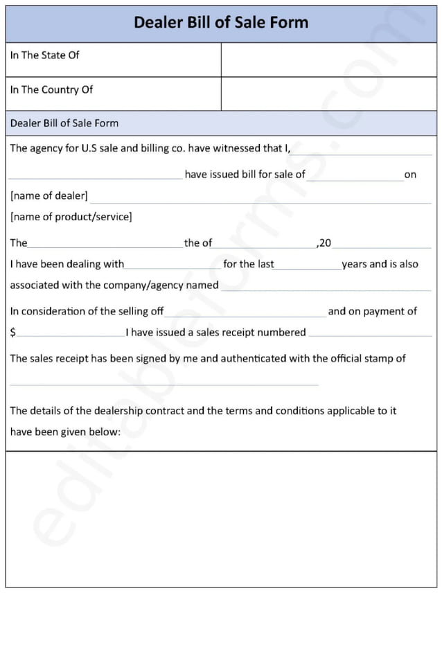 Dealer Bill of Sale Fillable PDF Template PDF