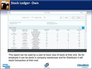 Stock Ledger- Own
This report can be used by a user to have view of stock at their end. So for
employee it can be stock in company warehouse and for Distributor it will
stock transaction at their end.
 