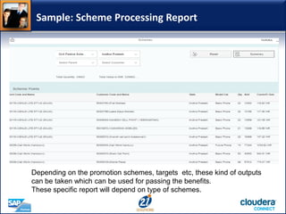 Sample: Scheme Processing Report
Depending on the promotion schemes, targets etc, these kind of outputs
can be taken which can be used for passing the benefits.
These specific report will depend on type of schemes.
 
