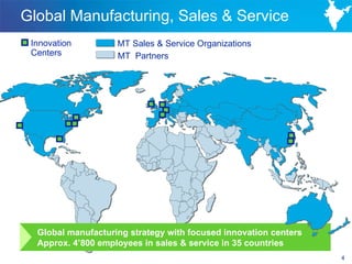 Global Manufacturing, Sales & Service
 Innovation         MT Sales & Service Organizations
 Centers            MT Partners




  Global manufacturing strategy with focused innovation centers
  Approx. 4’800 employees in sales & service in 35 countries
                                                                  4
 