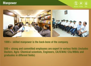 Manpower
1000+ skilled manpower is the back-bone of the company.
500+ strong and committed employees are expert in various elds (includes
Doctors, Agro- Chemical scientists, Engineers, CA/ICWAI/ CSs/MBAs and
graduates in different elds)
 