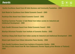 Awards
Quality Excellence Award from All India Business and Community Foundation - 2005
Gold Medal for Excellence from Global Economic Council - 2005
Rashtriya Ekta Award from Global Economic Council - 2005
Rashtriya Samman Puraskar & Gold Medal from Indian society for Industrial and
Intellectual Development - 2005
Rajiv Gandhi Shiromani Award from Global Economic Council - 2005
Bhartiya Shiromani Puraskar from Institute of Economic Studies - 2005
Rashtriya Udyog Gold Award from Indian society for Industrial and Intellectual Development - 2005
Bharat Jyoti Award from Citizen Interaction Peace Society - 2006
Rajiv Gandhi Excellence Award from Institute of Economics Studies - 2006
The Glory of India Award from Mr. Korn Dabbaransi (Former Deputy prime Minister of Thailand) -
2009
 
