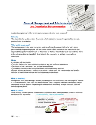 12 | P a g e
General Management and Administration
Job Description Documentation
Are job descriptions provided for the parts manager and other parts personnel?
Criteria:
The dealership has update written documents which details the roles and responsibilities for each
position in the organization.
Why is this important?
The job description is the basic instrument used to define and measure the level of work being
performed by any given employee. Job description should clearly summarize the major duties and
responsibilities performed on the job as they relate to the four major factor-skill, responsibility, effort
and working conditions. A good job description is also imperative to facilitate new employee
orientation.
Hints
A complete job description:
-Contains the job title, basic qualification required, age and preferred experience.
-Details the primary, secondary and tertiary responsibilities.
-Outlines the mandatory and optional skill sets and competencies required.
-Throws light on performance evaluation parameters, career path and compensation and benefits
inclusive of fixed and variable pay and non-monetary compensation.
How to improve?
Management must put in writing a detailed job description and confirm with the matching staff member
if it corresponds with their roles and responsibilities. If any categories have been overlooked the job
description must be updated. Depending on the size of the dealership, multiple functions could be
handled by one person.
How to check?
Verify existing job descriptions. Prove them in cooperation with the employees in order to assess the
reliability of the documents.
 