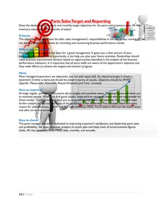 13 | P a g e
Parts SalesTarget and Reporting
Does the dealership have yearly and monthly target objectives for the parts and accessory sales, fill rate,
inventory status and MOS (months of sales)?
Criteria:
The objective is to determine the after sales management’s responsibilities in the day to day running of
the dealers after sales business by recording and monitoring business performance results.
Why is this important?
Tracing your sales target is the basic for a good management. It gives you a clear picture of your
business activities and more importantly, it can help you plan your future activities. Dealerships should
make business improvement decision based on opportunities identified in the analysis of the business
performance indicators. It is important that all parts staffs are aware of the department’s objective and
they make efforts to achieve the targets and monitor progress.
Hints
Most managers/supervisors set objectives, but not with equal skill. An objective/target is simply a
statement of what is done and should be stated in terms of results .Objective should be SMART
(Specific, Measurable, Attainable, Result-Oriented, and Time –Limited)
How to improve?
Arrange regular, periodical discussions about targets and currents status. Tracking figures will allow you
to motivate people. When you find good results, make sure to recognize those who are responsible for
those results. Tracking may also lead you to areas which may need improvement. You may still need
further analysis to find out the cause of the problems in the dealership. For example, there are many
reason for sales decrease, low fill rate and high inventory, MOS. You’ll need to find out the exact cause
and take corrective actions.
How to check?
The parts manager should be dedicated to improving customer’s satisfaction and dealership parts sales
and profitability. Set sales objective, prepare an action plan and keep track of actual business figures
(Sales, fill rate, inventory level, MOS) daily, monthly, and annually.
 