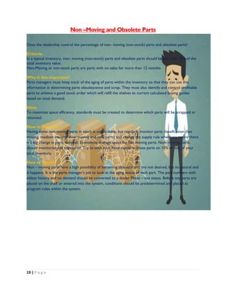 19 | P a g e
Non –Moving and Obsolete Parts
Does the dealership control the percentage of non- moving (non-stock) parts and obsolete parts?
Criteria:
In a typical inventory, non- moving (non-stock) parts and obsolete parts should be less than 10% of the
total inventory value.
Non-Moving or non-stock parts are parts with no sales for more than 12 months.
Why is this important?
Parts managers must keep track of the aging of parts within the inventory so that they can use this
information in determining parts obsolescence and scrap. They must also identify and control profitable
parts to achieve a good stock order which will refill the shelves to current calculated buying guides
based on total demand.
Hints
To maximize space efficiency, standards must be created to determine which parts will be scrapped or
returned.
How to improve?
Having some non-moving parts in stock is unavoidable, but regularly monitor parts classification (fast
moving, medium moving, slow moving and new parts) and change the supply rule when you notice there
is a big change in parts demand. Economize storage space for fast moving parts. Non- moving parts
should monitored and registered. Try to limit your fixed capital in those parts on 10% or less of your
total inventory.
How to check?
Non – moving parts have a high possibility of becoming obsolete arts are not desired, but its natural and
it happens. It is the parts manager’s job to look at the aging status of each part. The part numbers with
oldest history and no demand should be converted to a dealer Phase – out status. Before any parts are
placed on the shelf or entered into the system, conditions should be predetermined and placed as
program rules within the system.
 
