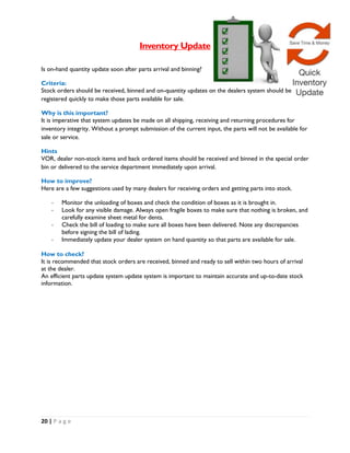 20 | P a g e
Inventory Update
Is on-hand quantity update soon after parts arrival and binning?
Criteria:
Stock orders should be received, binned and on-quantity updates on the dealers system should be
registered quickly to make those parts available for sale.
Why is this important?
It is imperative that system updates be made on all shipping, receiving and returning procedures for
inventory integrity. Without a prompt submission of the current input, the parts will not be available for
sale or service.
Hints
VOR, dealer non-stock items and back ordered items should be received and binned in the special order
bin or delivered to the service department immediately upon arrival.
How to improve?
Here are a few suggestions used by many dealers for receiving orders and getting parts into stock.
- Monitor the unloading of boxes and check the condition of boxes as it is brought in.
- Look for any visible damage. Always open fragile boxes to make sure that nothing is broken, and
carefully examine sheet metal for dents.
- Check the bill of loading to make sure all boxes have been delivered. Note any discrepancies
before signing the bill of lading.
- Immediately update your dealer system on hand quantity so that parts are available for sale.
How to check?
It is recommended that stock orders are received, binned and ready to sell within two hours of arrival
at the dealer.
An efficient parts update system update system is important to maintain accurate and up-to-date stock
information.
 