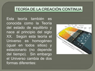 TEORÍA DE LA CREACIÓN CONTINUA
Esta teoría también es
conocida como la Teoría
del estado de equilibrio y
nace al principio del siglo
XX. Según esta teoría el
Universo es homogéneo
(igual en todos sitios) y
estacionario (no depende
del tiempo). Sin embargo
el Universo cambia de dos
formas diferentes:

 
