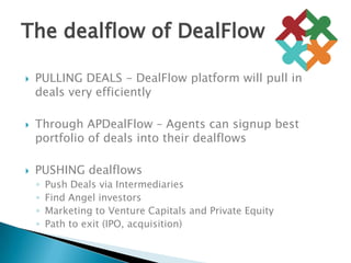 PULLING DEALS - DealFlow platform will pull in deals very efficientlyThrough APDealFlow – Agents can signup best portfolio of deals into their dealflowsPUSHING dealflowsPush Deals via IntermediariesFind Angel investorsMarketing to Venture Capitals and Private EquityPath to exit (IPO, acquisition)The dealflow of DealFlow