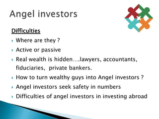 DifficultiesWhere are they ?Active or passive Real wealth is hidden….lawyers, accountants, fiduciaries,  private bankers.How to turn wealthy guys into Angel investors ?Angel investors seek safety in numbersDifficulties of angel investors in investing abroadAngel investors	