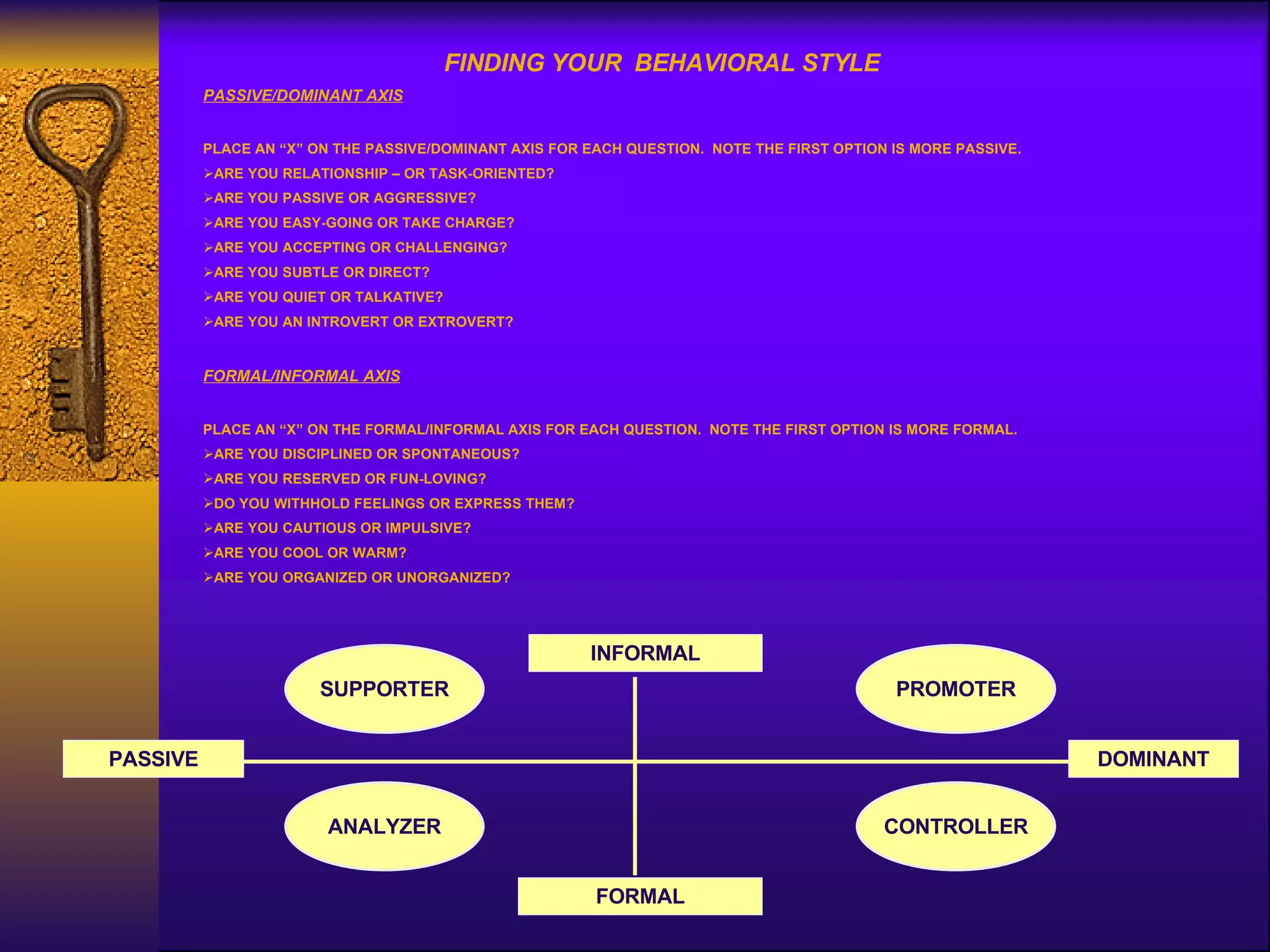 FINDING YOUR  BEHAVIORAL STYLE PASSIVE/DOMINANT AXIS PLACE AN “X” ON THE PASSIVE/DOMINANT AXIS FOR EACH QUESTION.  NOTE THE FIRST OPTION IS MORE PASSIVE. ARE YOU RELATIONSHIP – OR TASK-ORIENTED? ARE YOU PASSIVE OR AGGRESSIVE? ARE YOU EASY-GOING OR TAKE CHARGE? ARE YOU ACCEPTING OR CHALLENGING? ARE YOU SUBTLE OR DIRECT? ARE YOU QUIET OR TALKATIVE? ARE YOU AN INTROVERT OR EXTROVERT? FORMAL/INFORMAL AXIS PLACE AN “X” ON THE FORMAL/INFORMAL AXIS FOR EACH QUESTION.  NOTE THE FIRST OPTION IS MORE FORMAL. ARE YOU DISCIPLINED OR SPONTANEOUS? ARE YOU RESERVED OR FUN-LOVING? DO YOU WITHHOLD FEELINGS OR EXPRESS THEM? ARE YOU CAUTIOUS OR IMPULSIVE? ARE YOU COOL OR WARM? ARE YOU ORGANIZED OR UNORGANIZED? SUPPORTER PROMOTER ANALYZER CONTROLLER INFORMAL FORMAL PASSIVE DOMINANT 