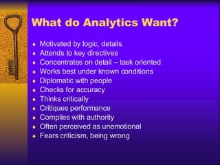 What do Analytics Want? Motivated by logic, details Attends to key directives Concentrates on detail – task oriented Works best under known conditions Diplomatic with people Checks for accuracy Thinks critically Critiques performance Complies with authority Often perceived as unemotional Fears criticism, being wrong 