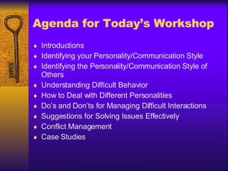 Agenda for Today’s Workshop Introductions Identifying your Personality/Communication Style Identifying the Personality/Communication Style of Others Understanding Difficult Behavior How to Deal with Different Personalities Do’s and Don’ts for Managing Difficult Interactions Suggestions for Solving Issues Effectively Conflict Management Case Studies 